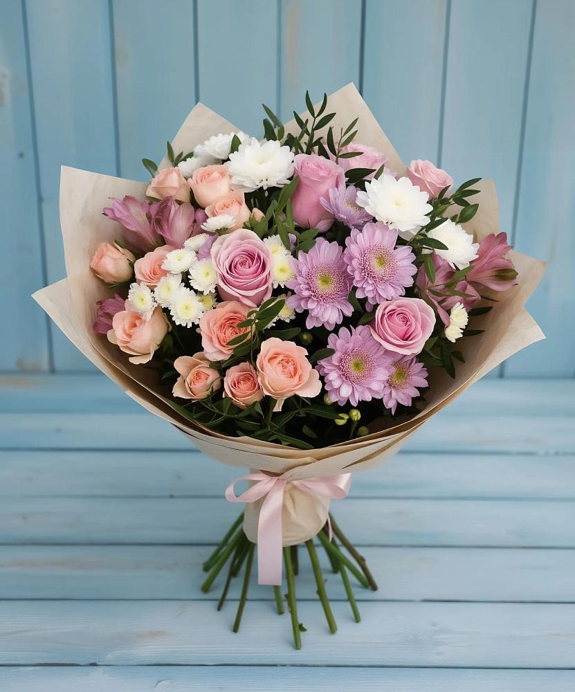 Букет цветов из: Хризантемы, Розы и Альстромерии в Ордынском
