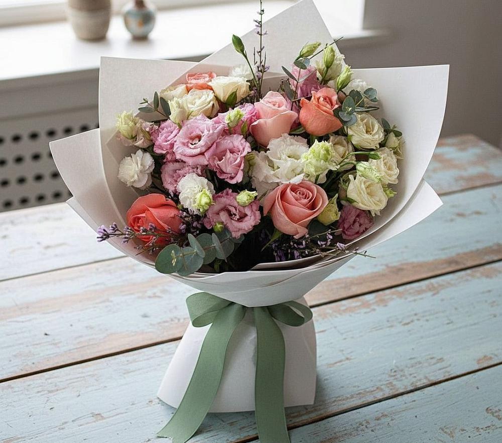 Букет цветов из: Розы, Лизиантусы и Гвоздики в Ордынском