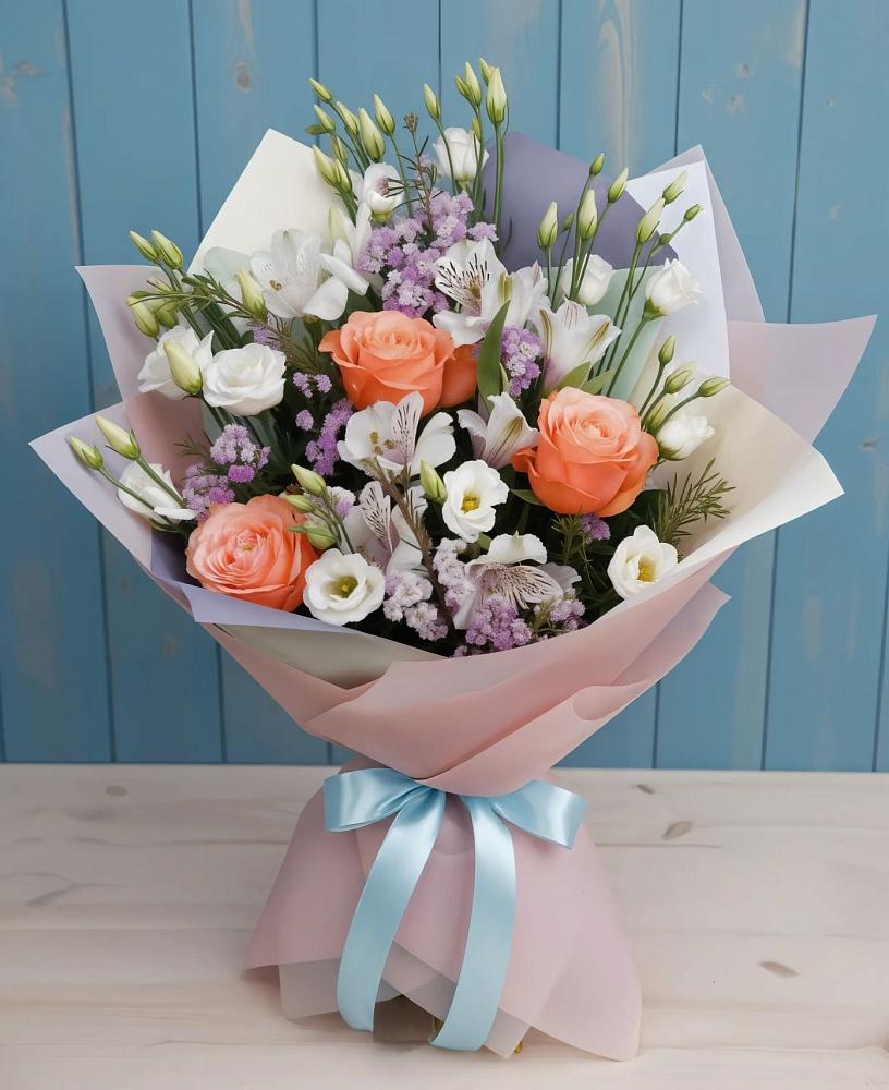 Букет цветов из: Лизиантусы, Розы, Альстромерии и Гипсофила в Ордынском