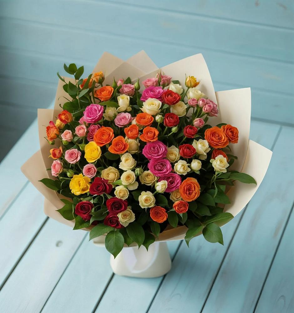 Букет Микс из разноцветных кустовых роз в Ордынском
