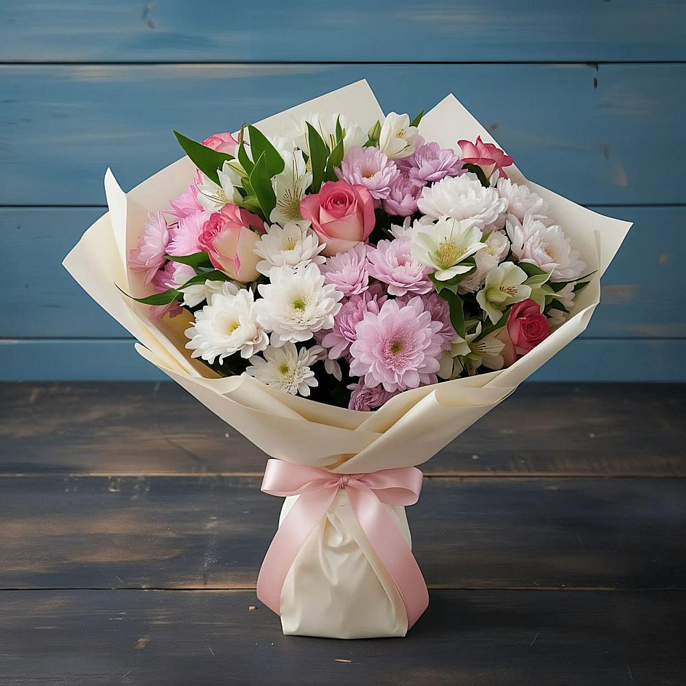 Букет цветов из: Хризантемы, Альстромерии и Розы в Ордынском